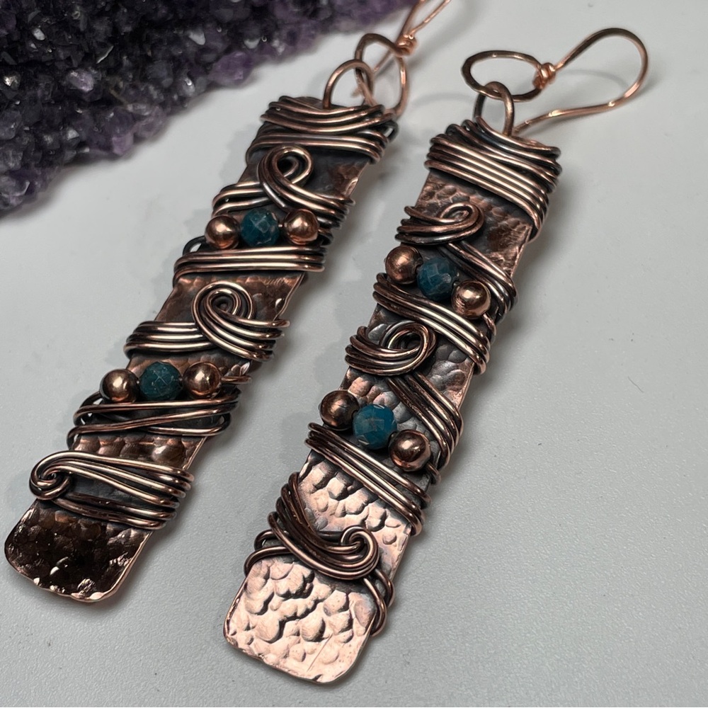 Long Copper and Teal Apatite Crystal Swirling Wire Wrapped Dangle Boho Earrings - Picture 5 of 11